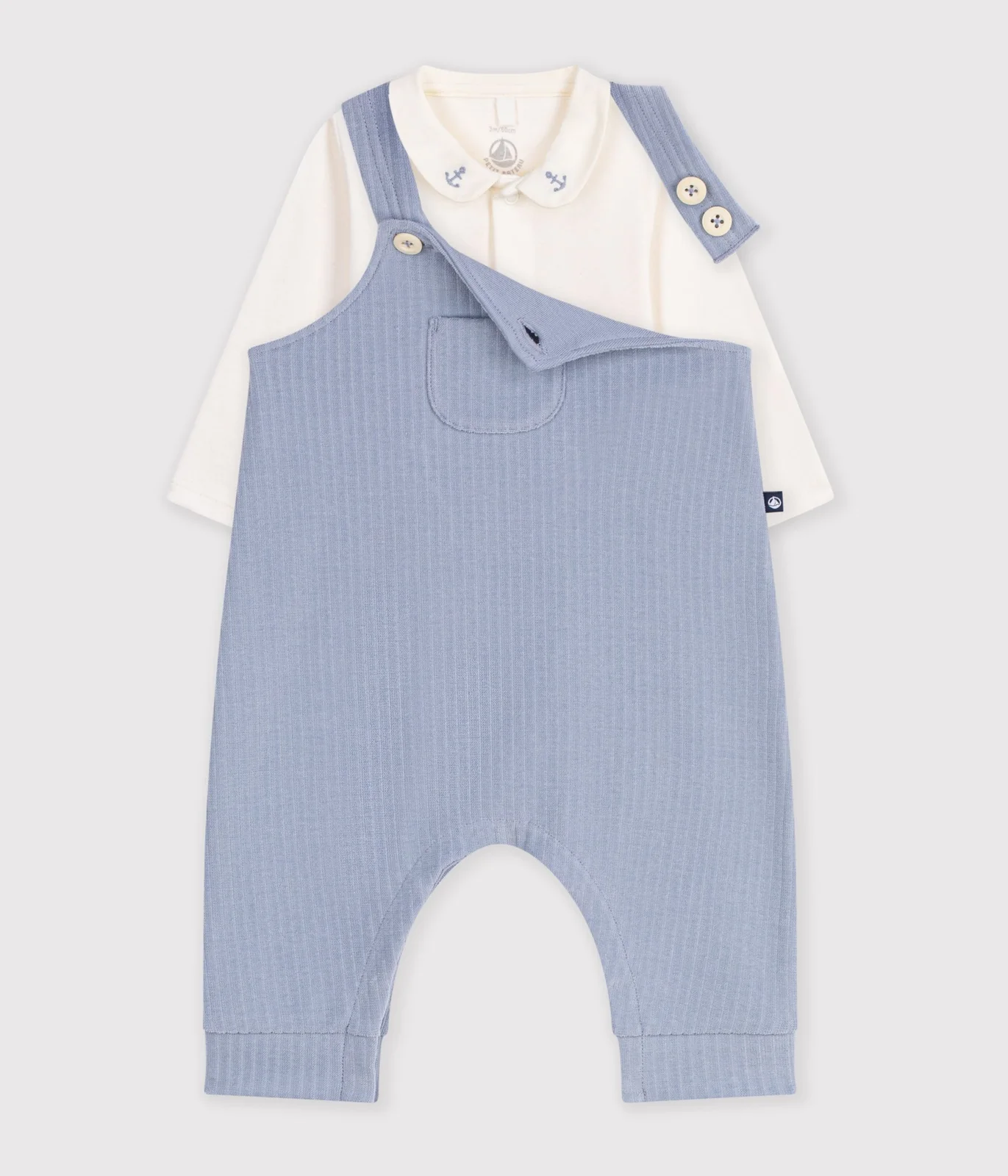 Babies' dungarees and body set in cotton with a plain collar