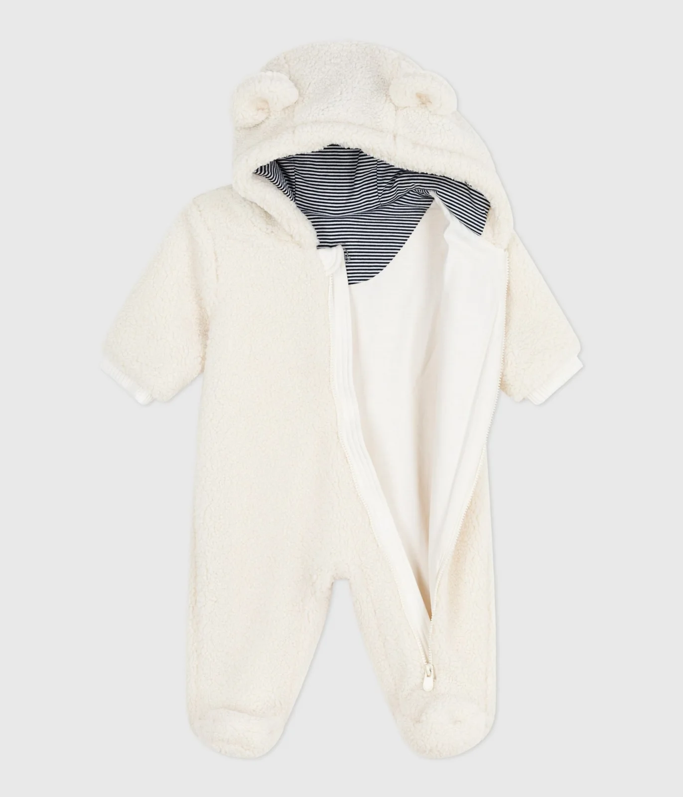 Babies' sherpa snowsuit with ears and a pinstriped lining