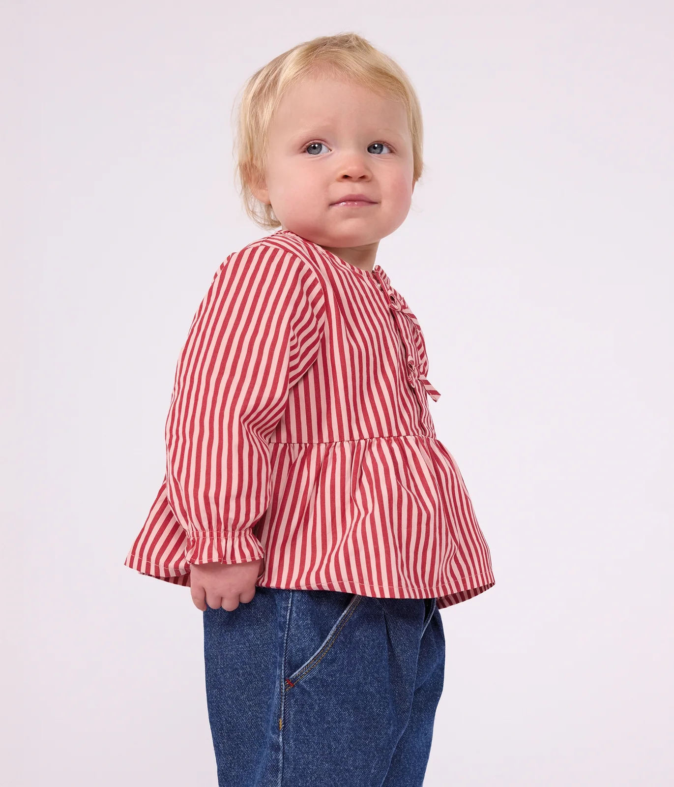 Babies' long-sleeved stripy cotton blouse