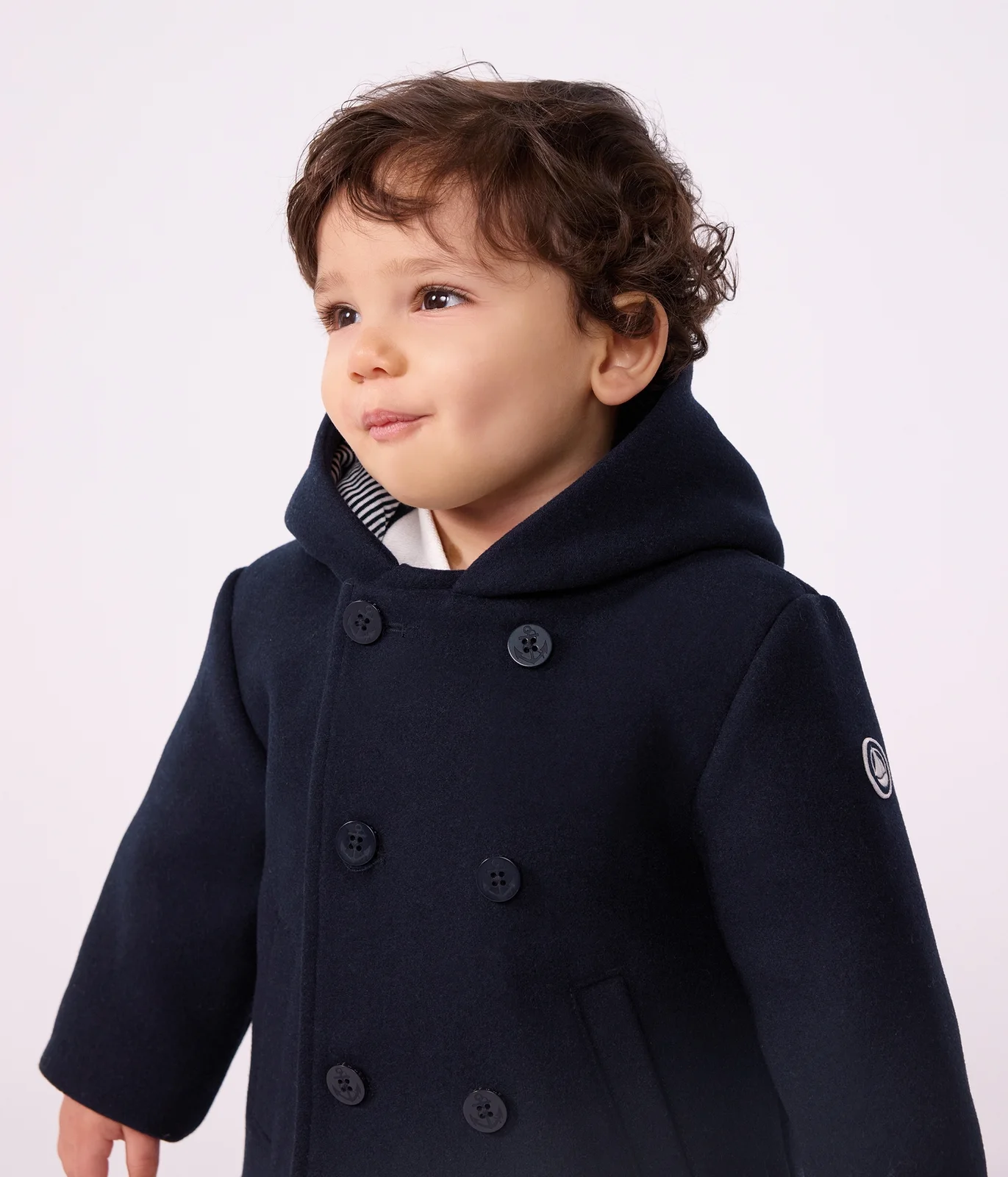 Babies' pea coat in plain woollen broadcloth