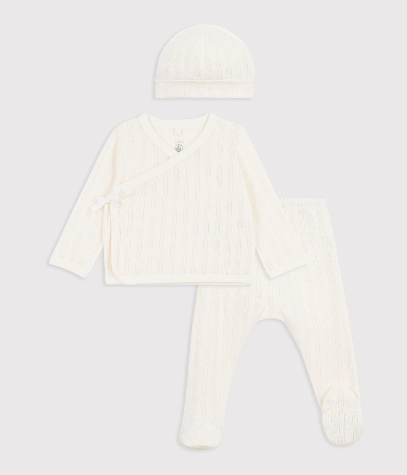 Babies' long 3-piece openwork cotton outfit and hat