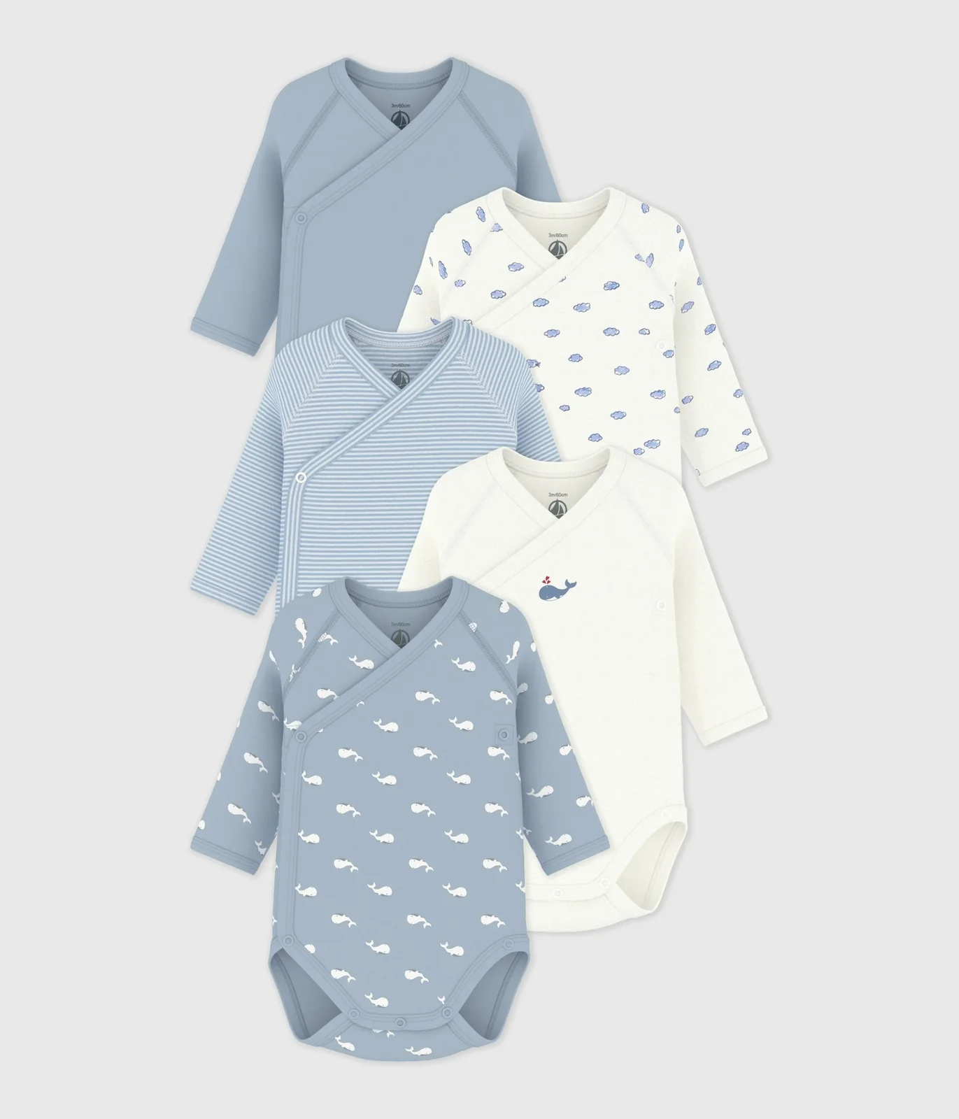Pack of babies' long-sleeved printed cotton wrapover bodies
