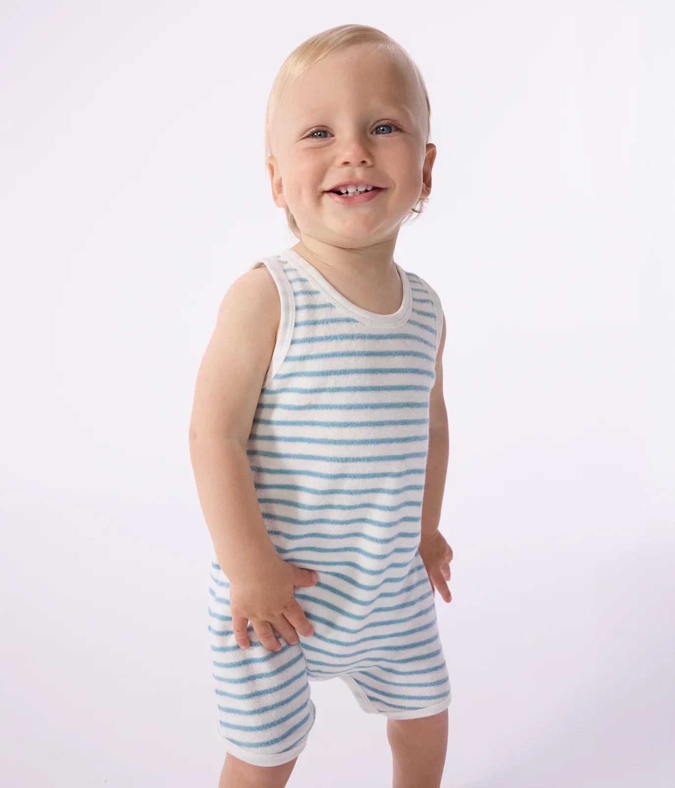Babies' sleeveless short jumpsuit in stripy cotton terry towelling