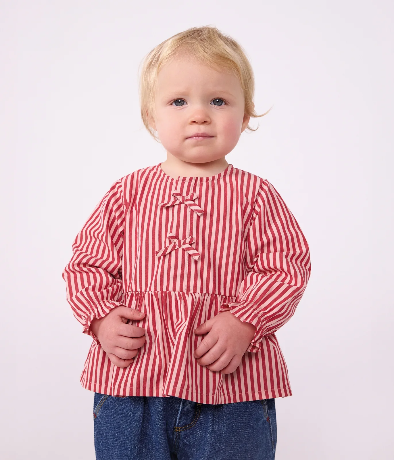 Babies' long-sleeved stripy cotton blouse