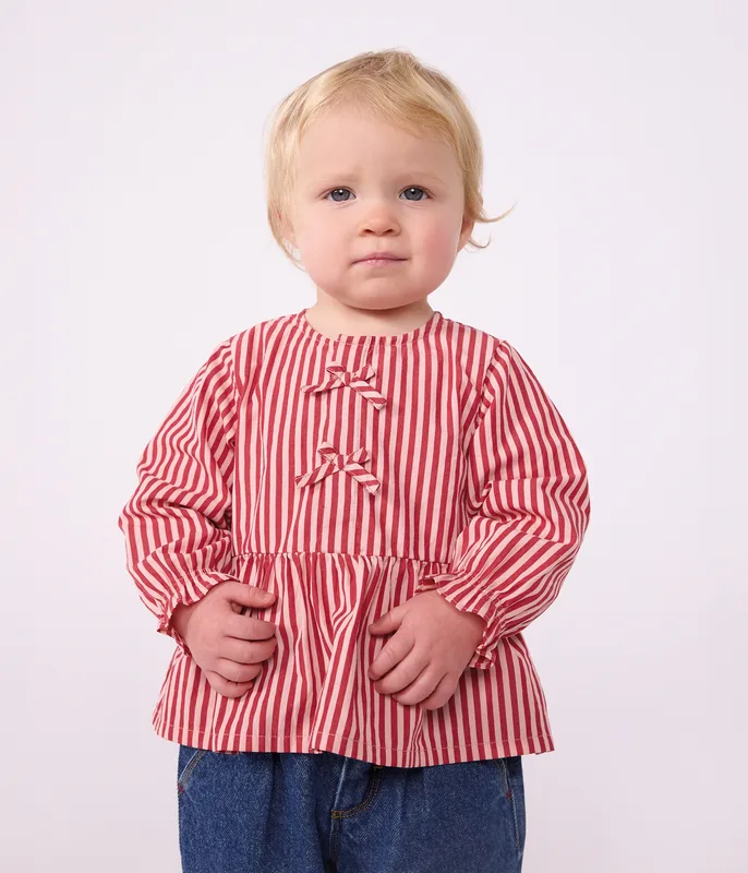 Babies' long-sleeved stripy cotton blouse