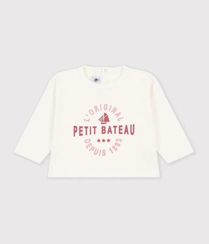 Babies' long-sleeved plain cotton T-shirt with a little motif