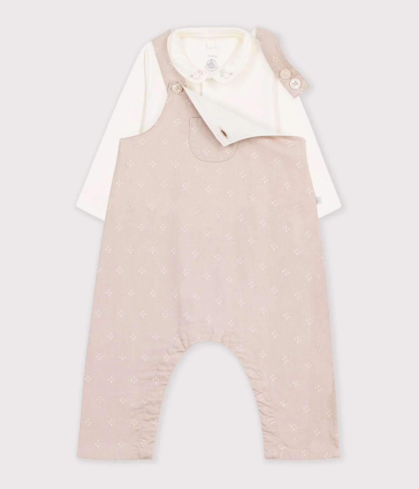 Babies' dungarees and body set in cotton with a plain collar