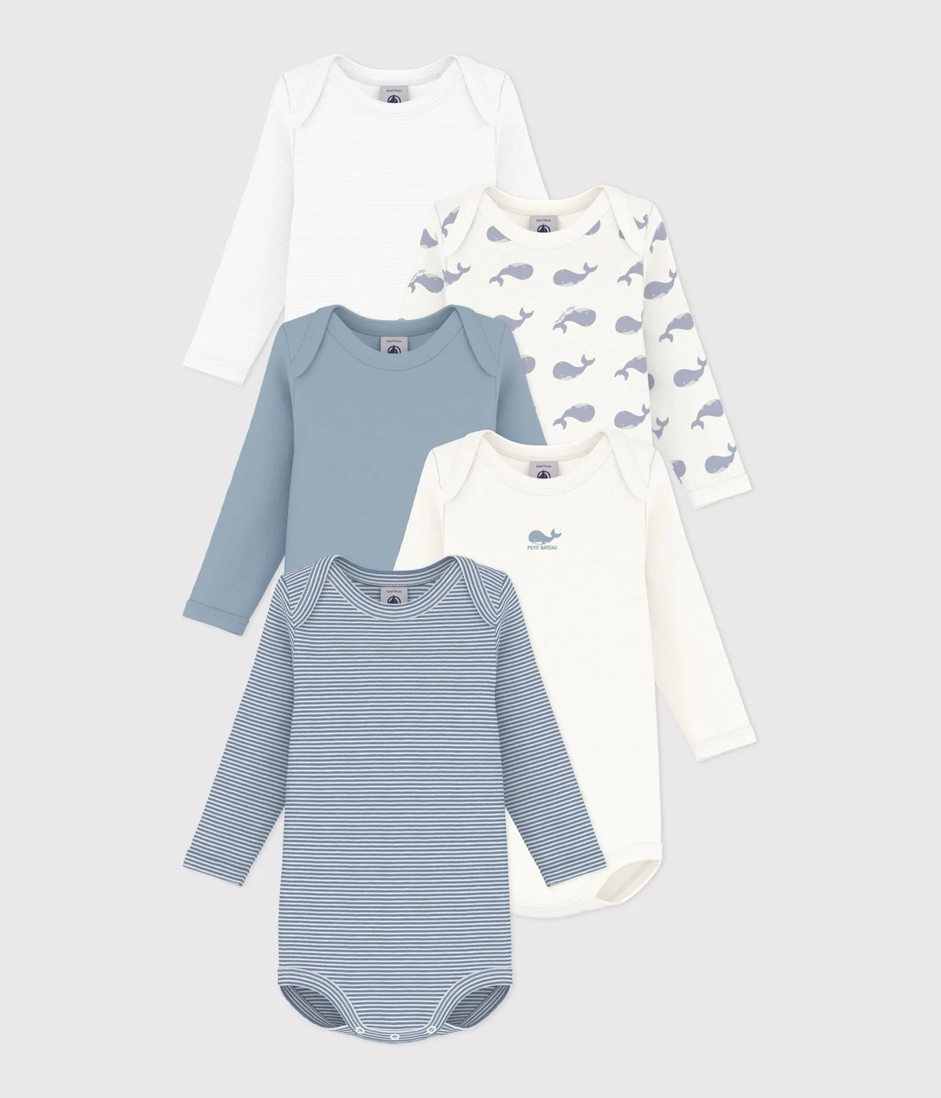 Pack of long-sleeved whale-print cotton bodies for babies
