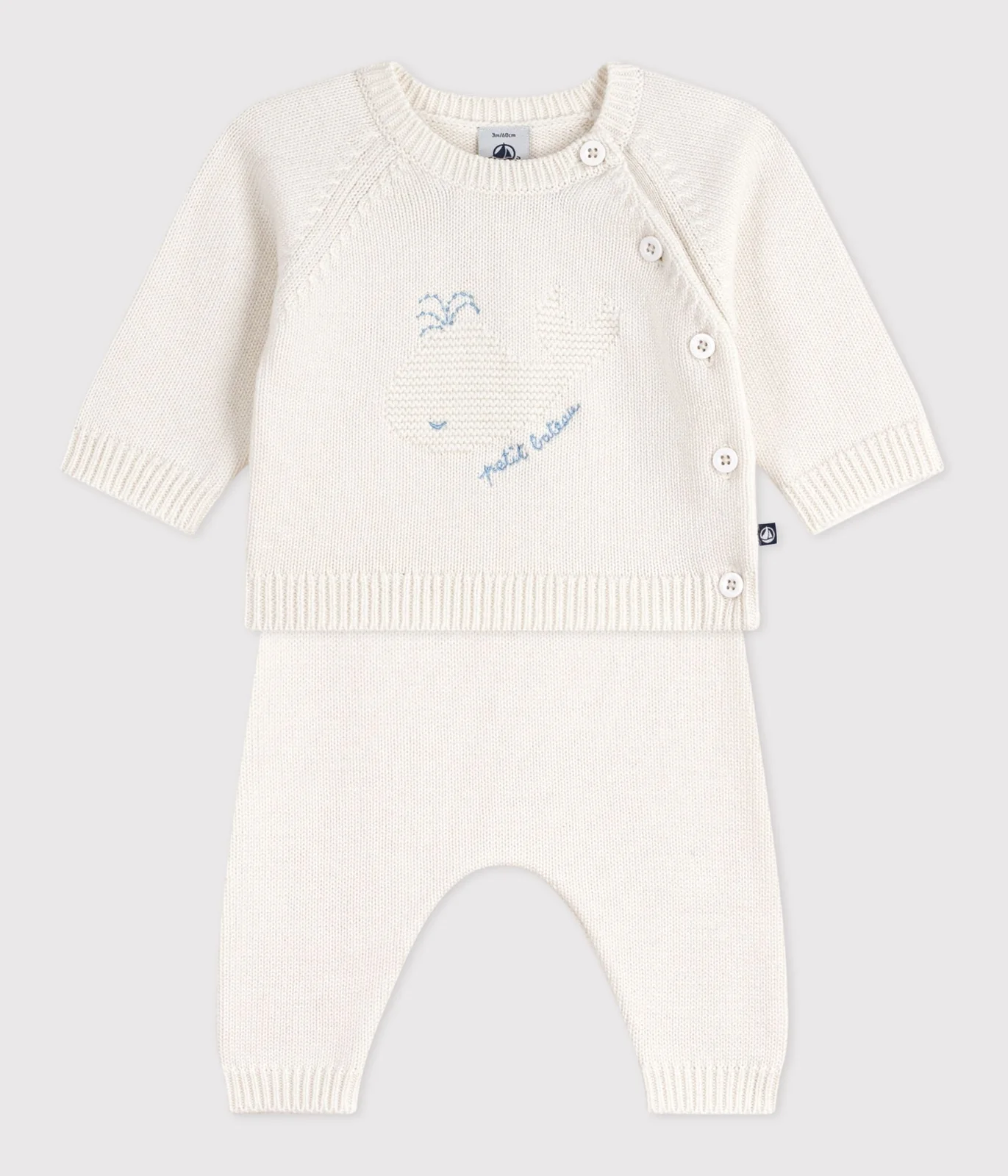 Babies' knitted wool and cotton outfit with a whale design