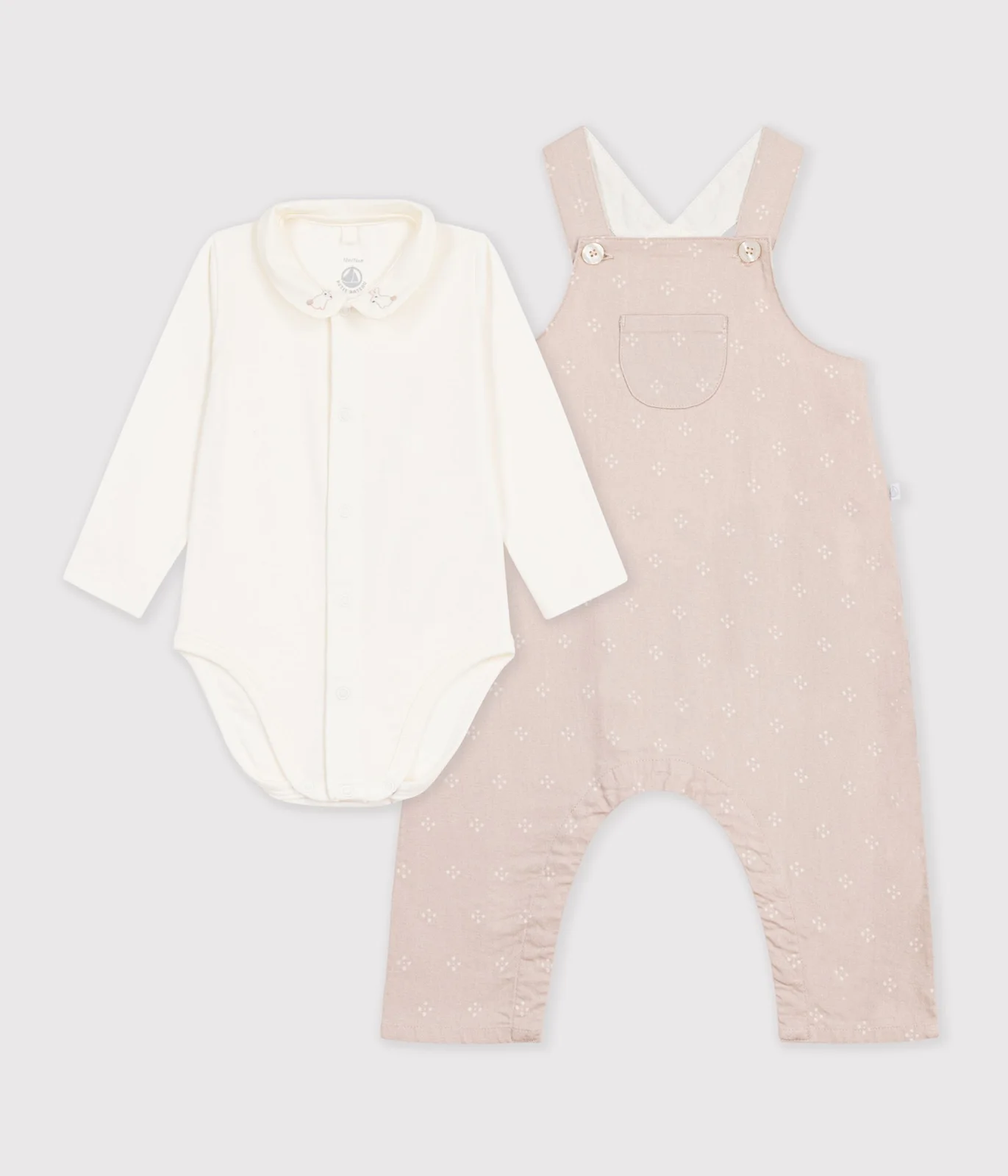 Babies' dungarees and body set in cotton with a plain collar