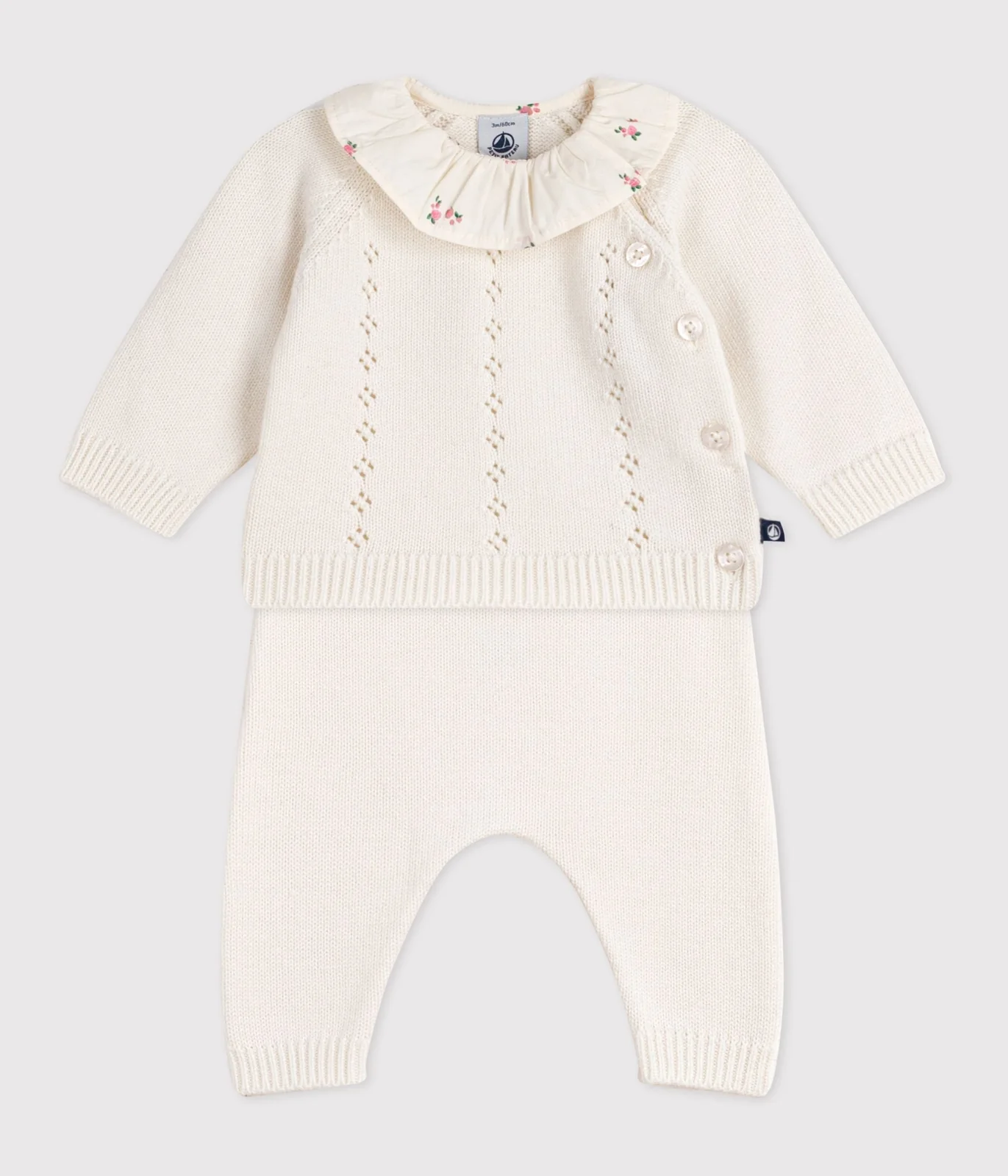 Babies' 2-piece set in wool and cotton with a flower-patterned ruff