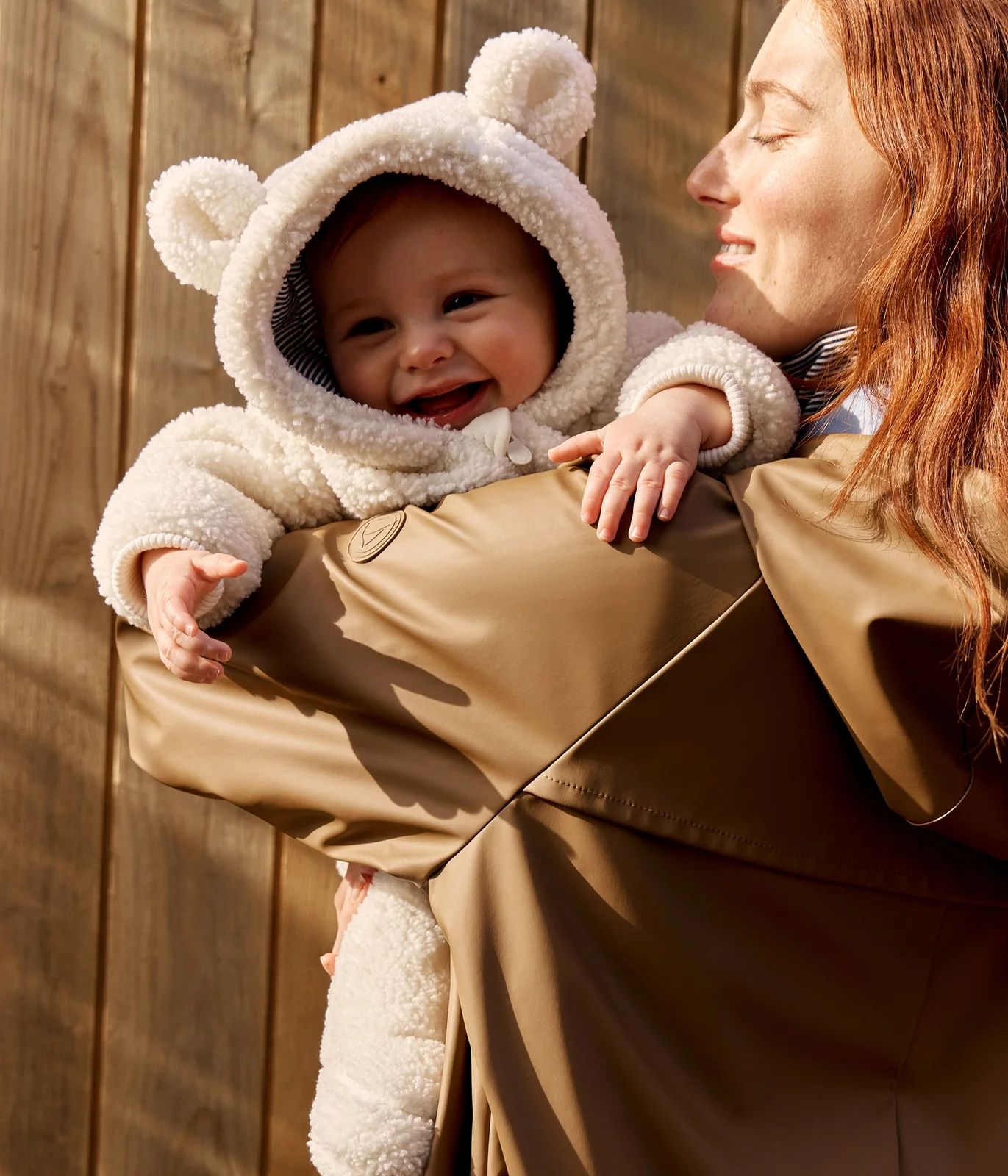 Babies' sherpa snowsuit with ears and a pinstriped lining