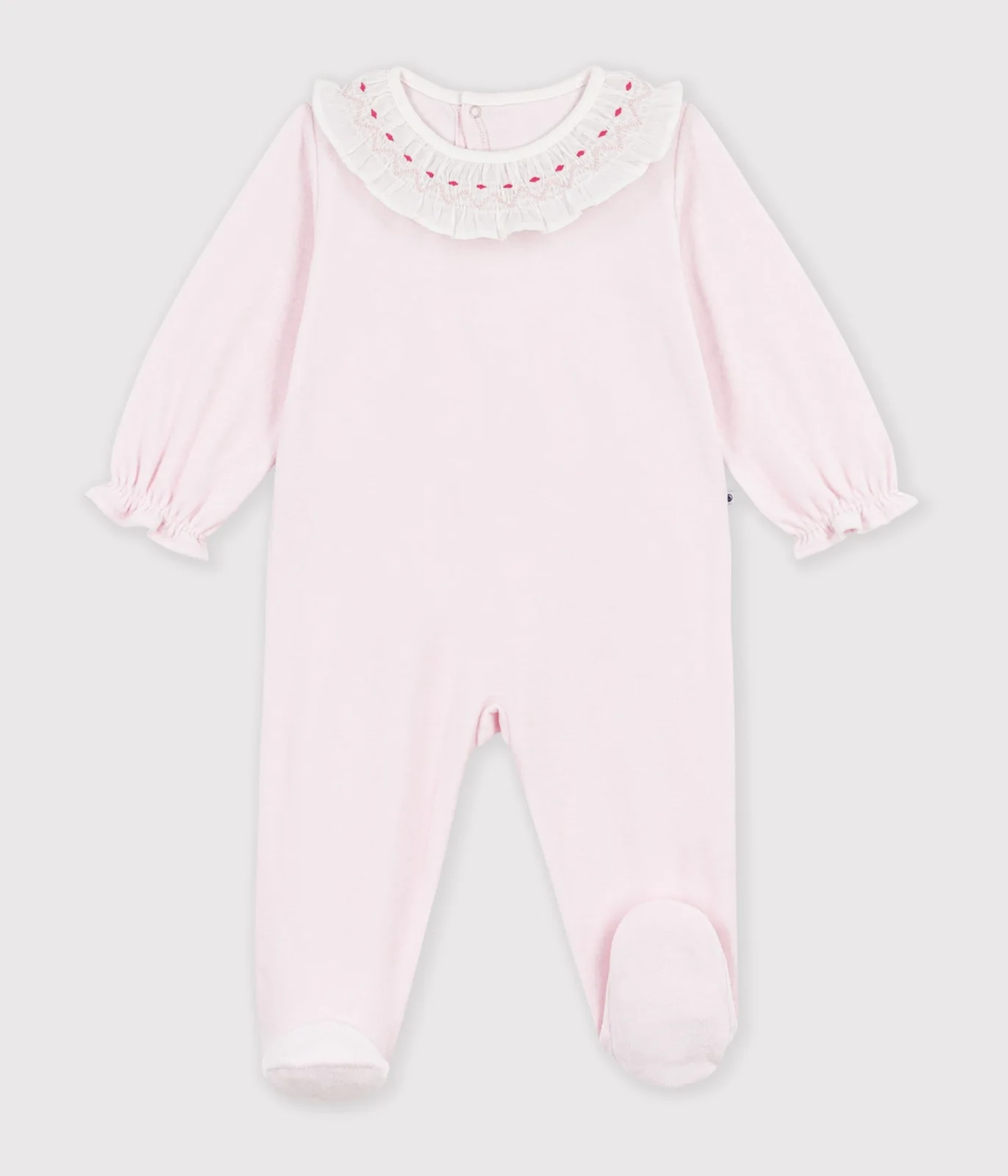 Babies' plain velour pyjama suit with a ruff and a back opening