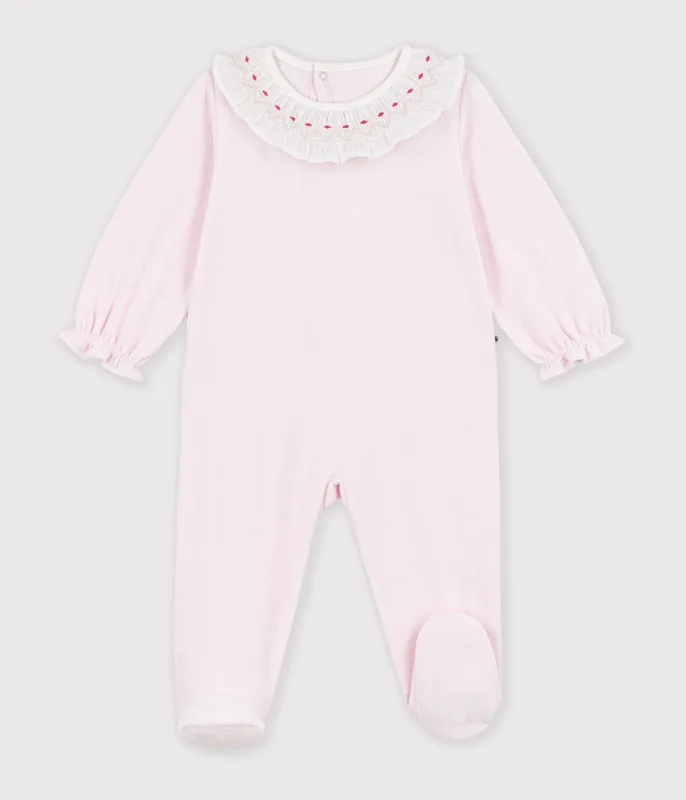 Babies' plain velour pyjama suit with a ruff and a back opening