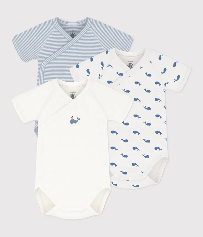 Pack of babies' short-sleeved printed cotton wrapover bodies