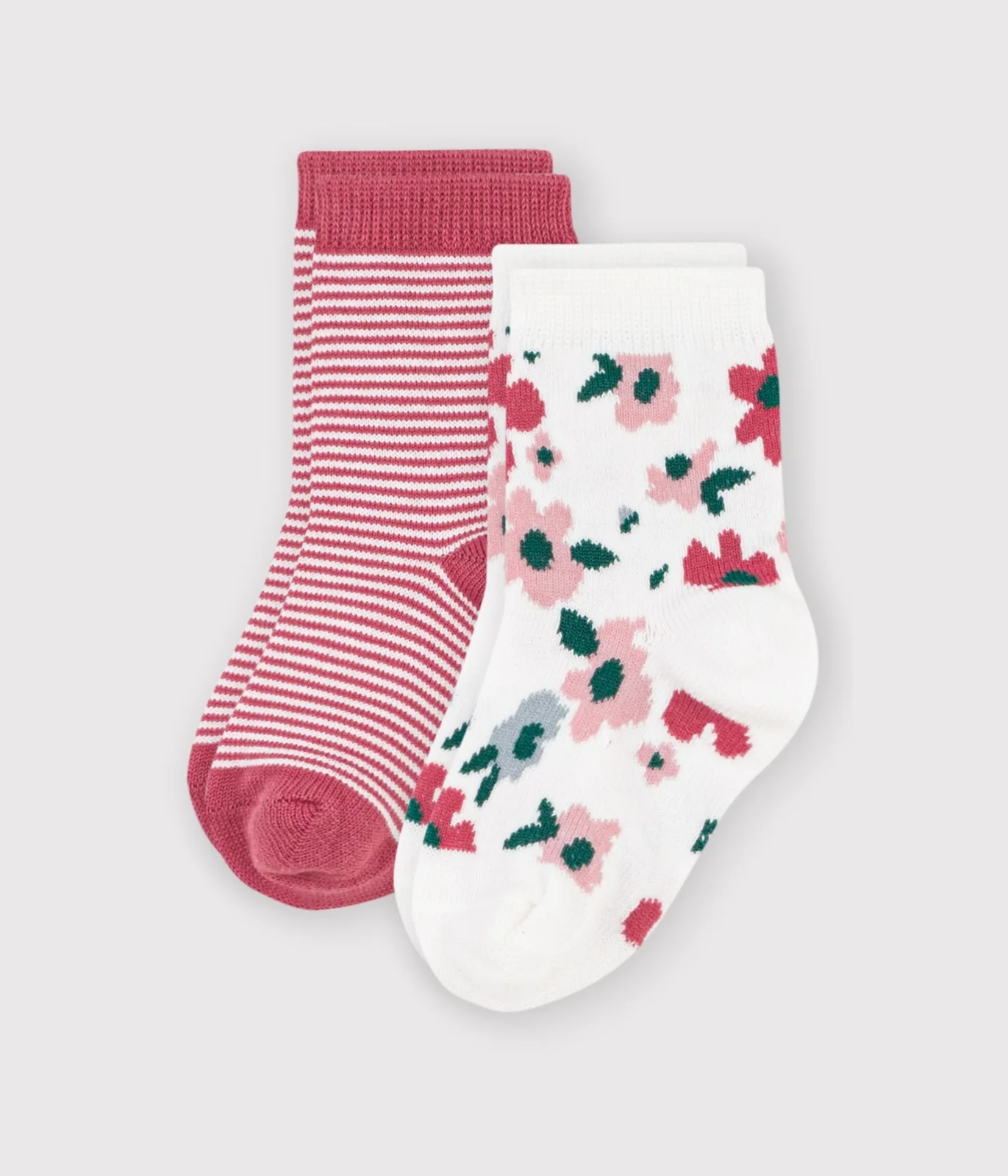 2 pairs of babies' cotton socks with stripes and a floral print