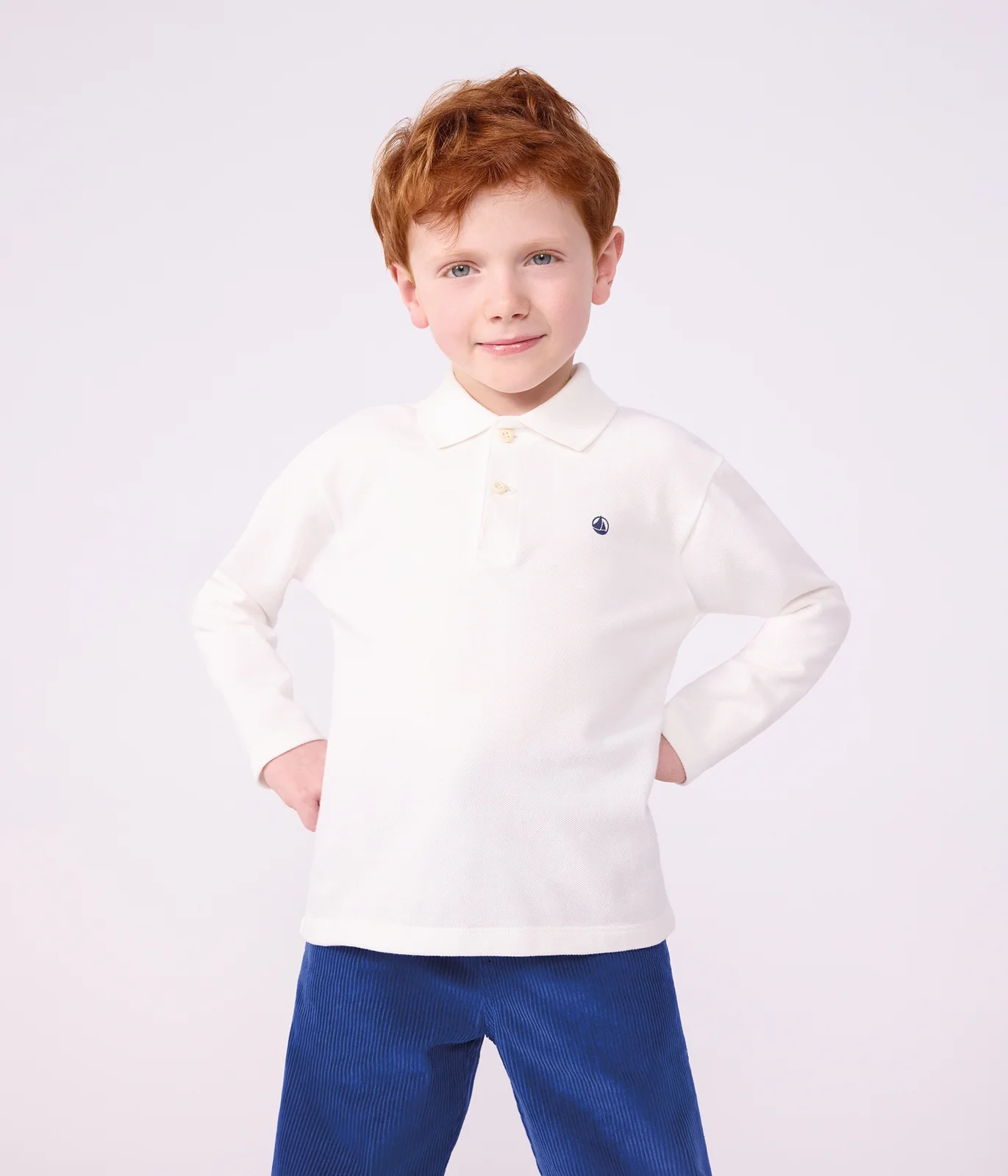 Children's plain long-sleeved cotton polo shirt