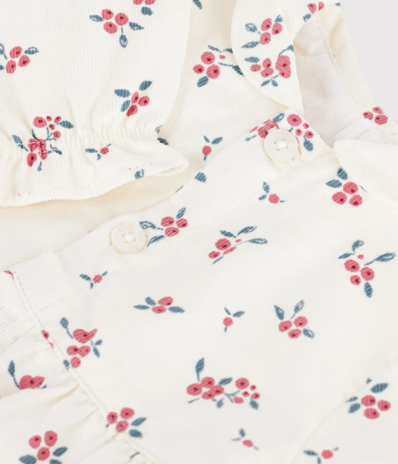 Short baby romper in fine velvet, with a blueberry print collar