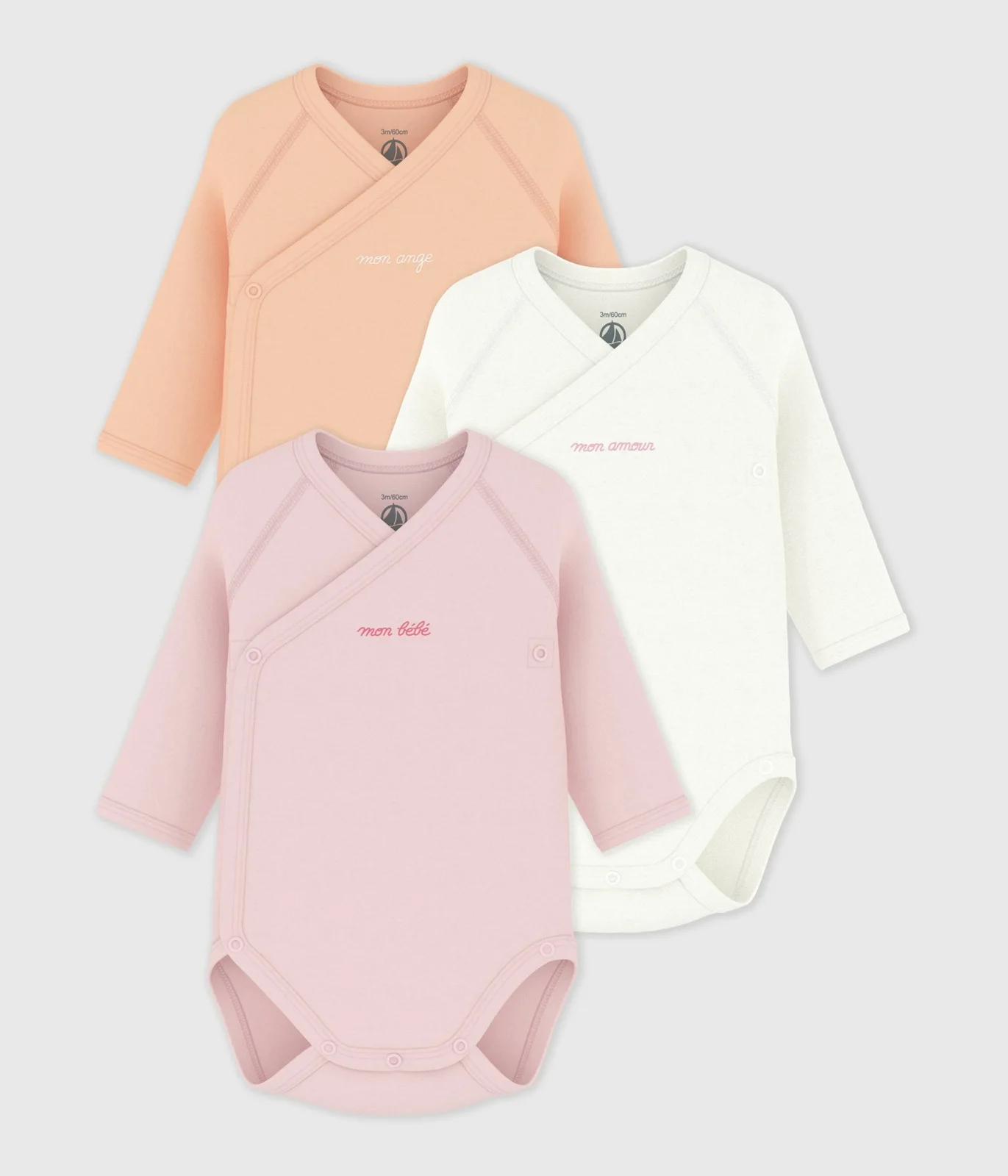 Pack of babies' long-sleeved printed cotton wrapover bodies