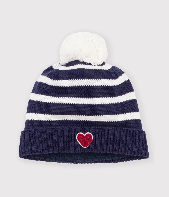 Babies' stripy knitted beanie with a fleece lining
