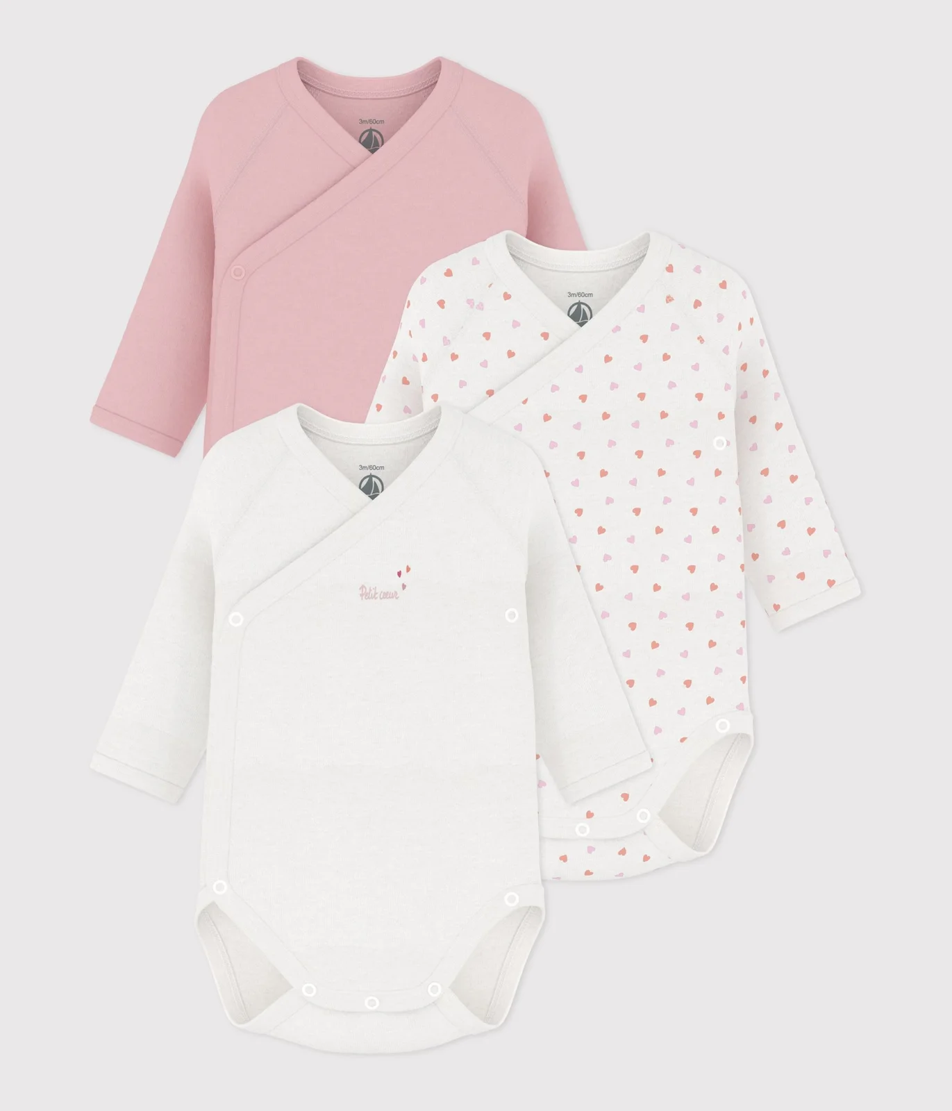 Pack of babies' long-sleeved printed cotton wrapover bodies