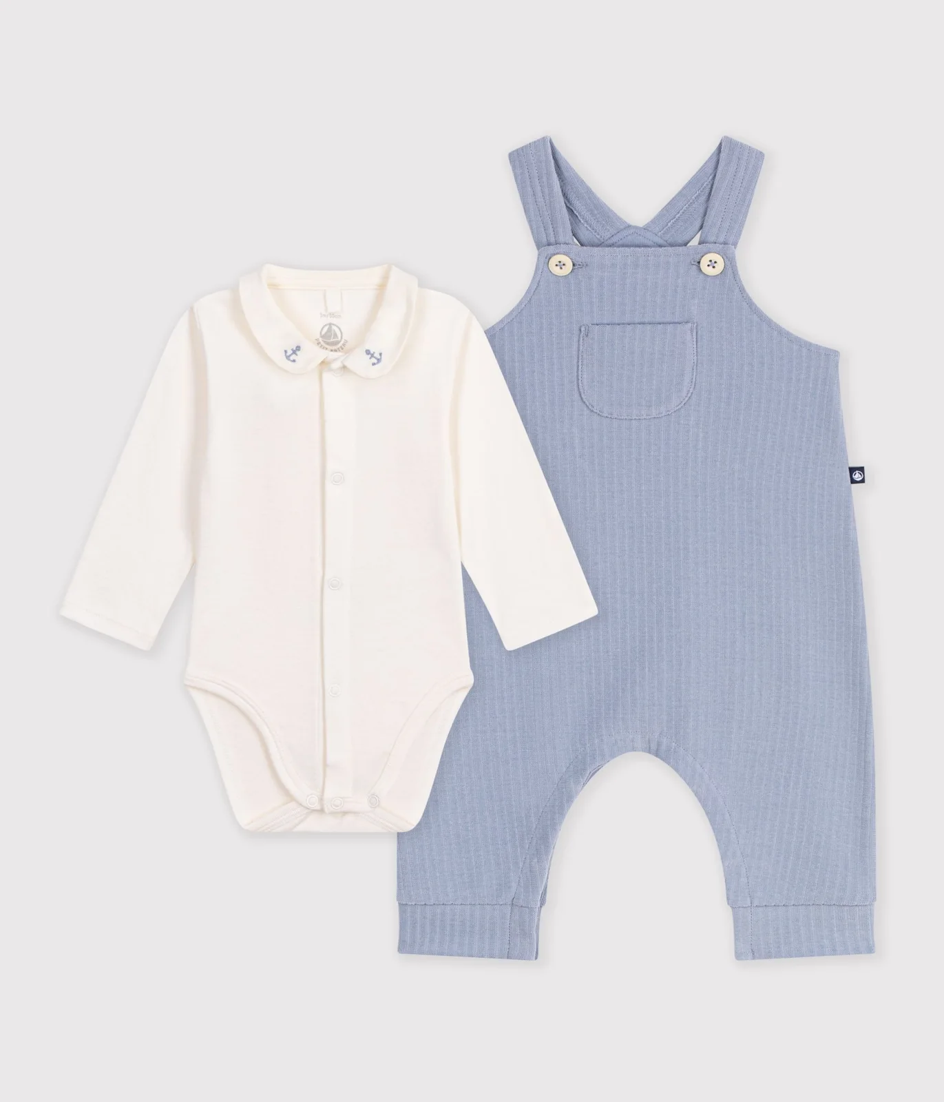 Babies' dungarees and body set in cotton with a plain collar