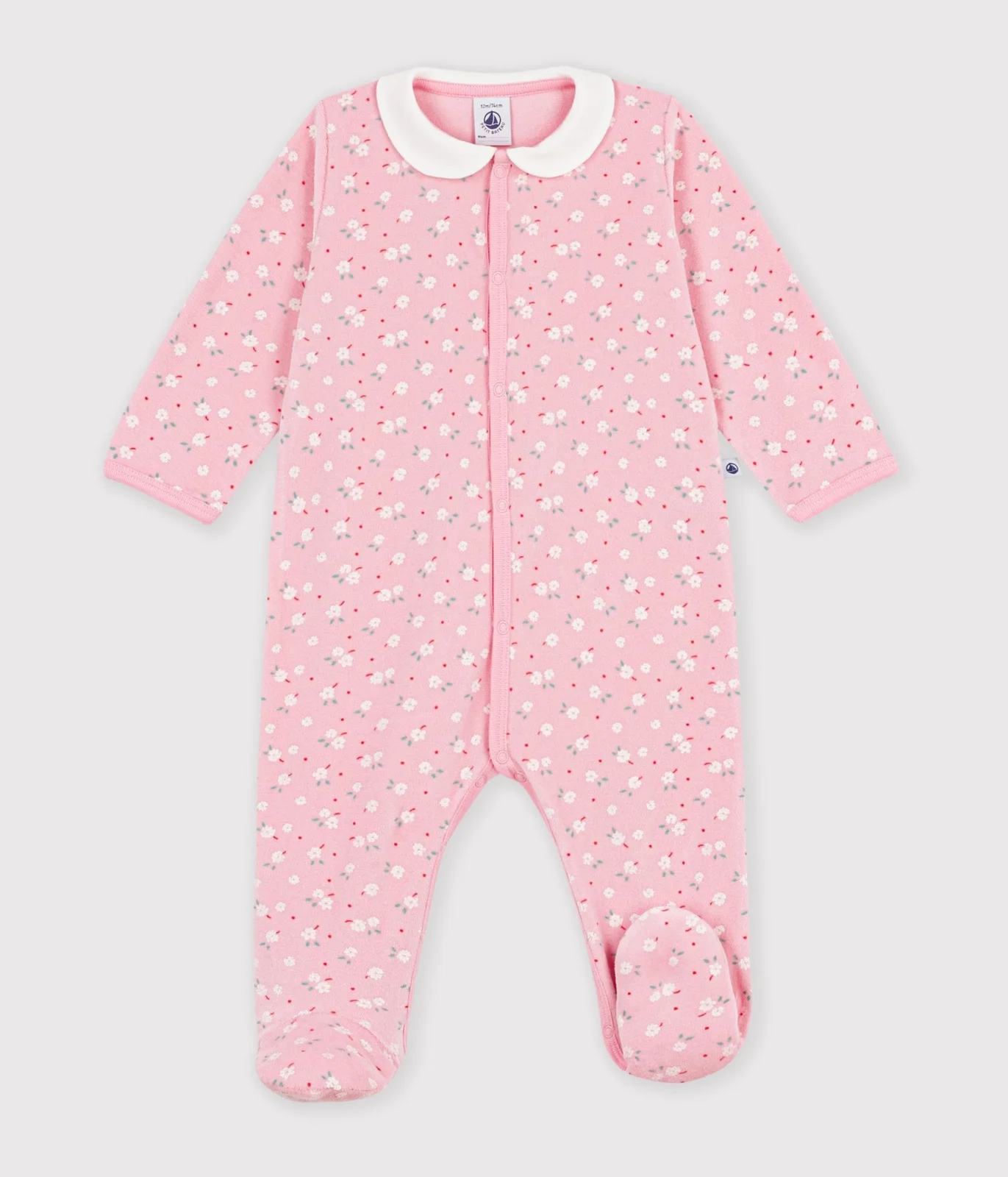 Babies' velour pyjama suit with a collar and floral print detail