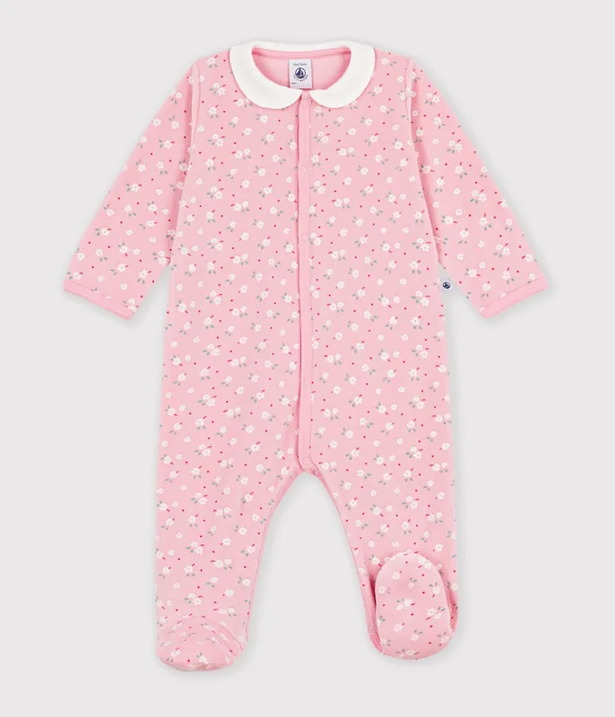 Babies' velour pyjama suit with a collar and floral print detail