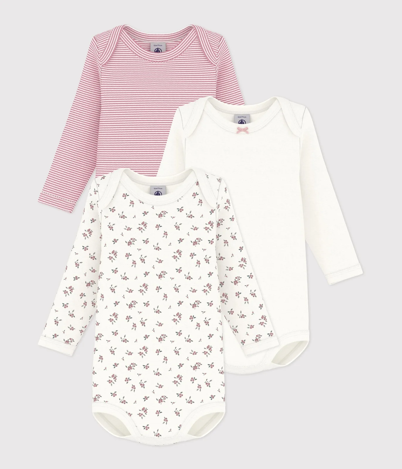 Pack of babies' long-sleeved blueberry-print cotton bodies