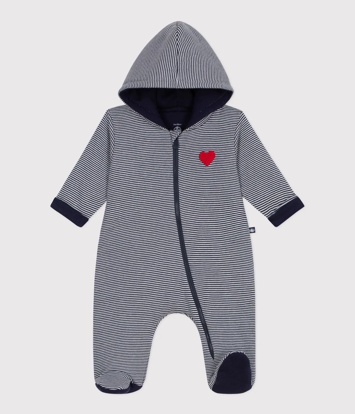 Babies' stripy padded jumpsuit with a hood and feet