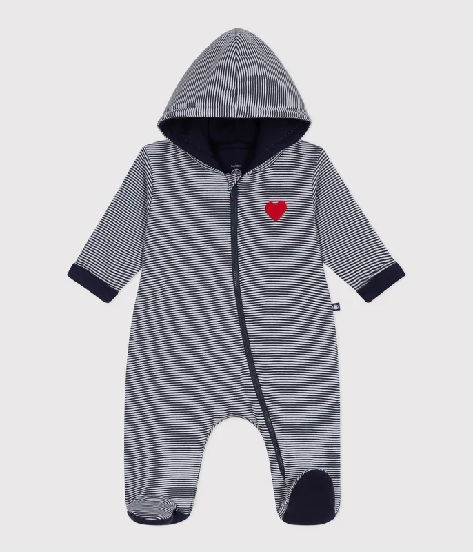 Babies' stripy padded jumpsuit with a hood and feet