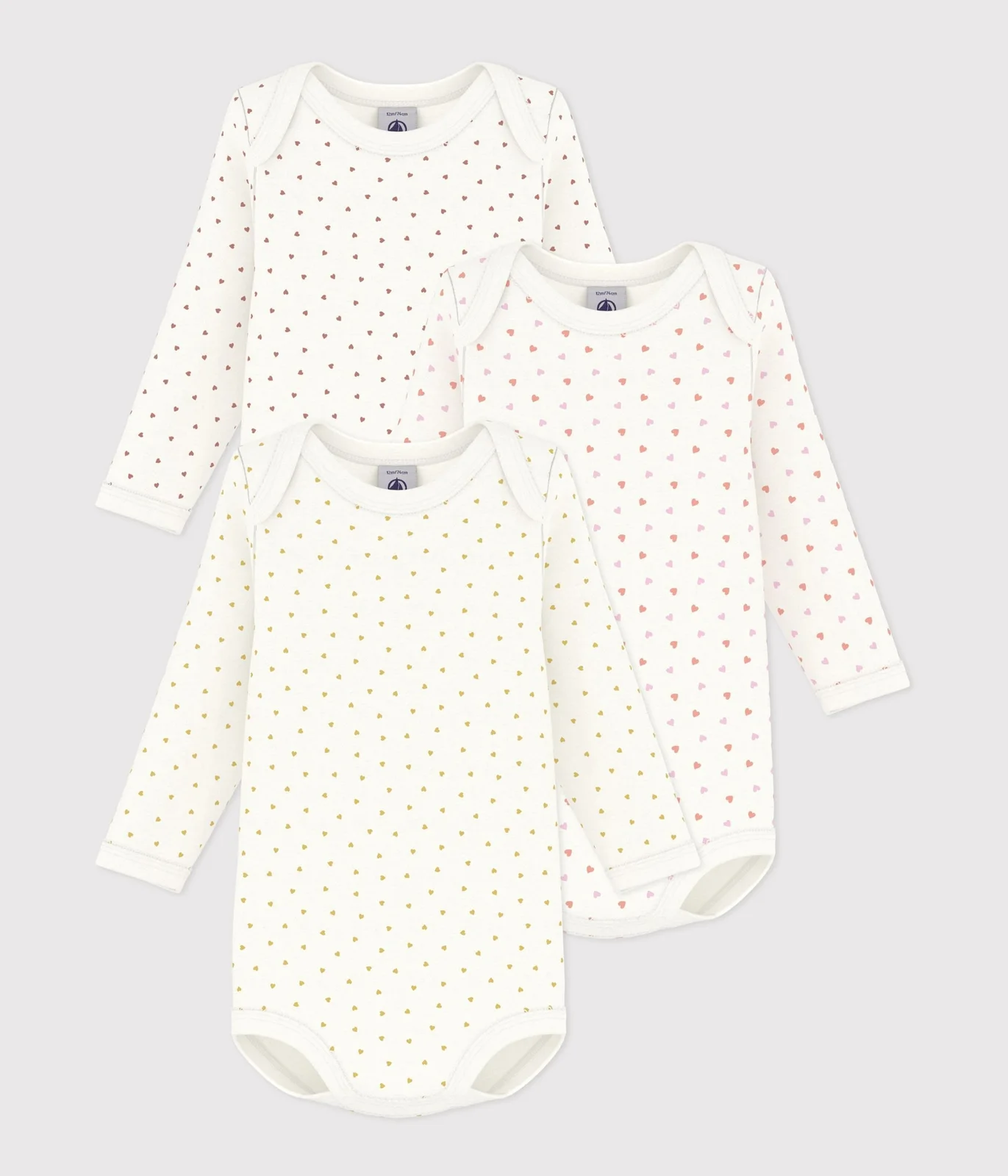 Pack of babies' long-sleeved small heart-print cotton bodies