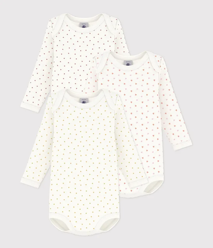 Pack of babies' long-sleeved small heart-print cotton bodies
