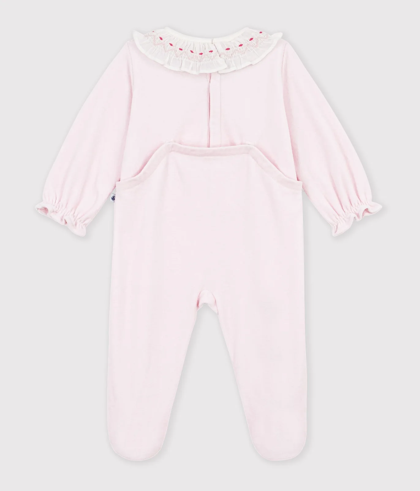 Babies' plain velour pyjama suit with a ruff and a back opening
