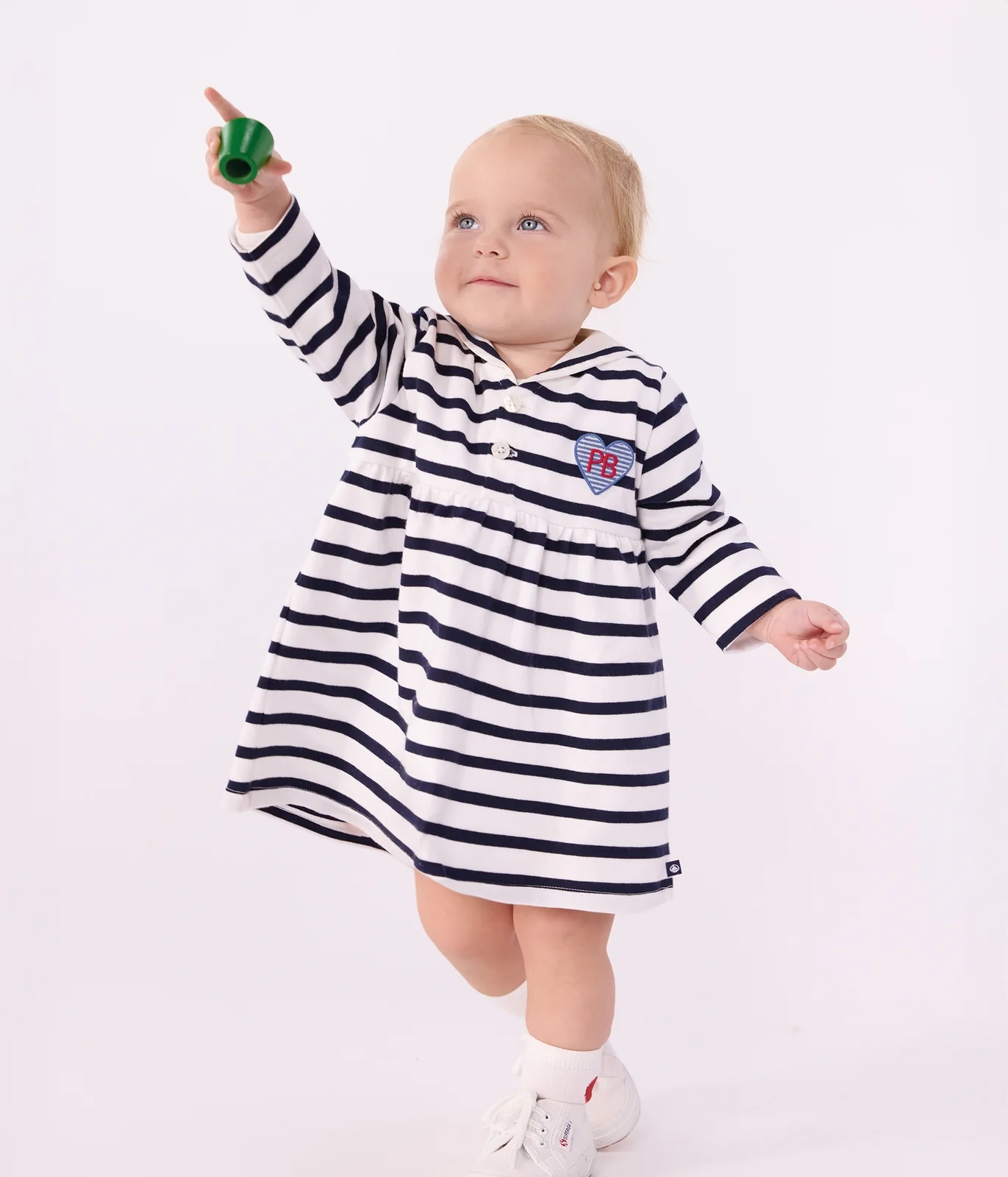 Babies' cotton dress with long sleeves and Breton stripes