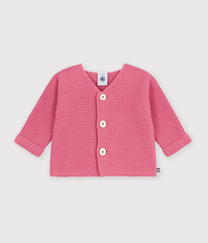 Baby cardigan knitted in garter stitch in plain cotton