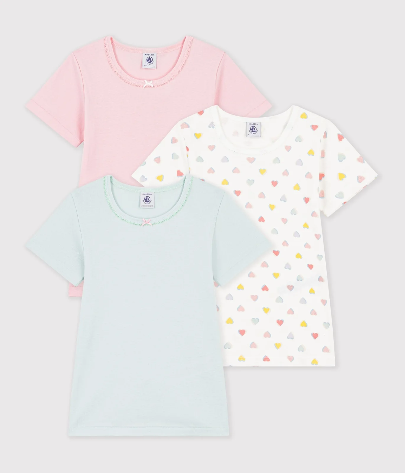 Pack of children's short-sleeved cotton T-shirts with hearts
