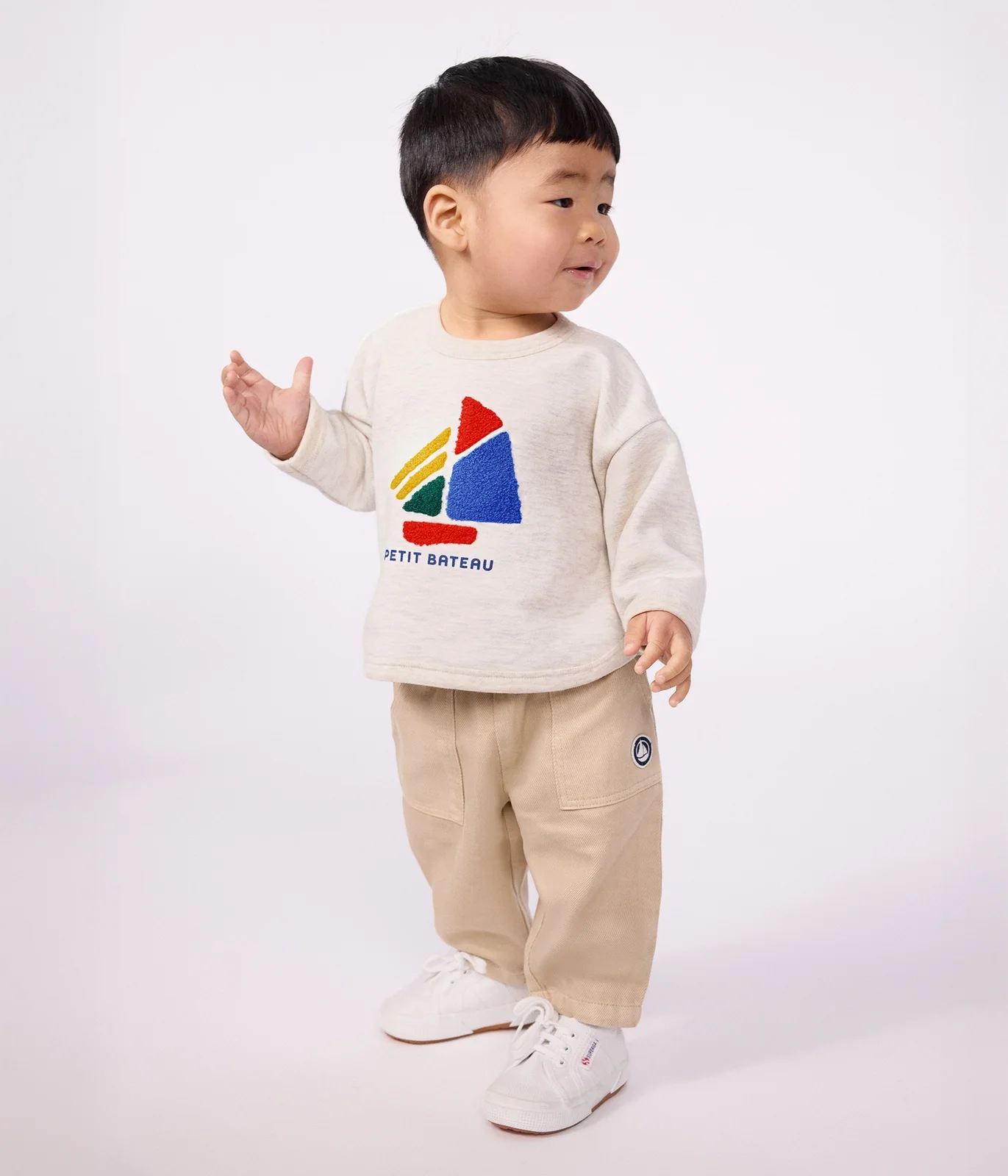 Babies' plain and boat patterned cotton sweatshirt