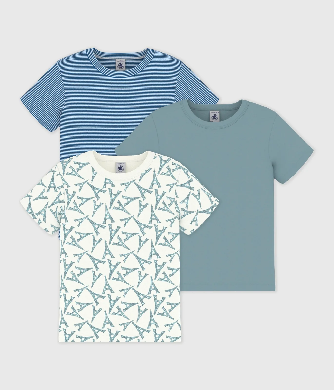 Pack of children's short-sleeved cotton T-shirts with Eiffel Tower design