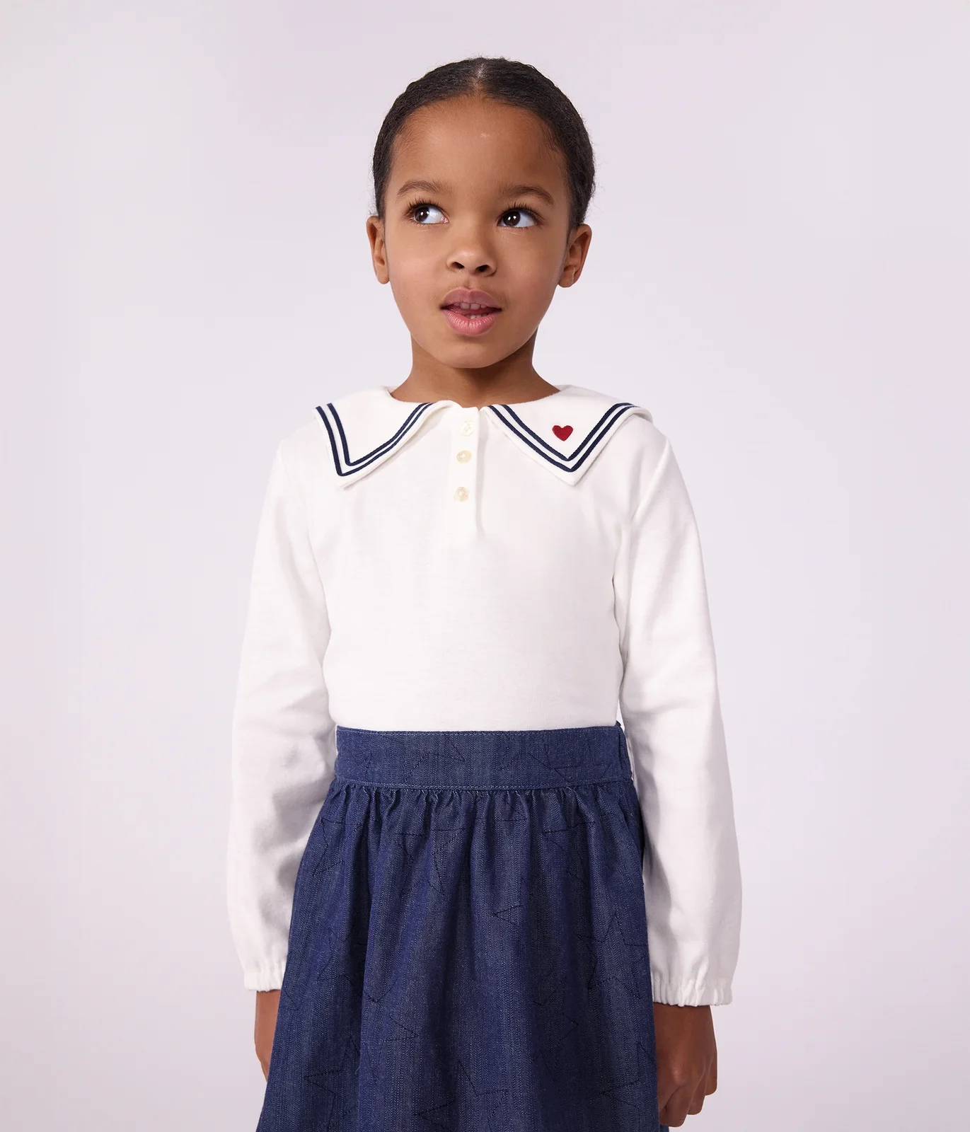 Children's long-sleeved plain cotton blouse with a collar