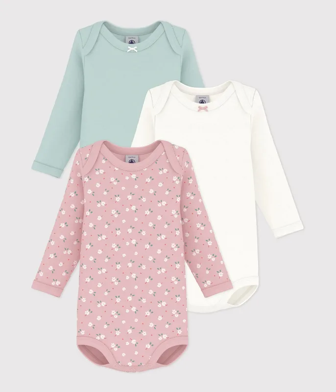 Pack of babies' long-sleeved bodies in cotton printed with flowers
