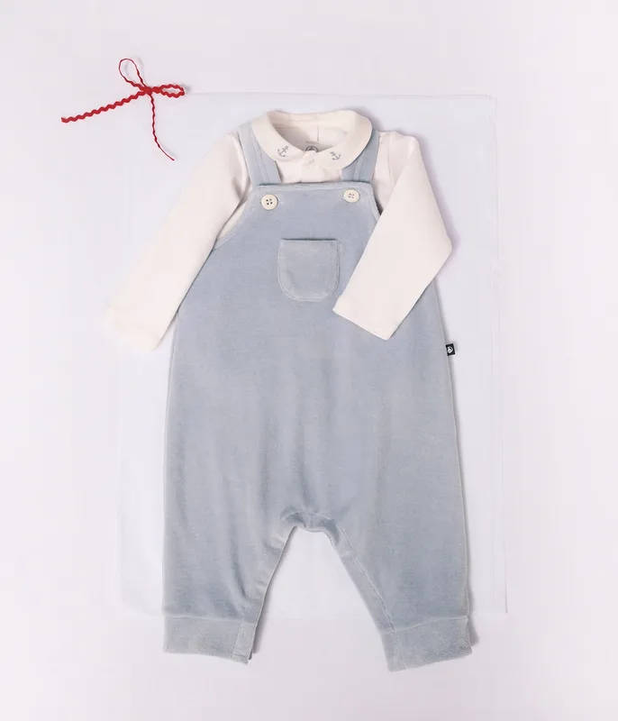 Babies' dungarees and body set in cotton with a plain collar