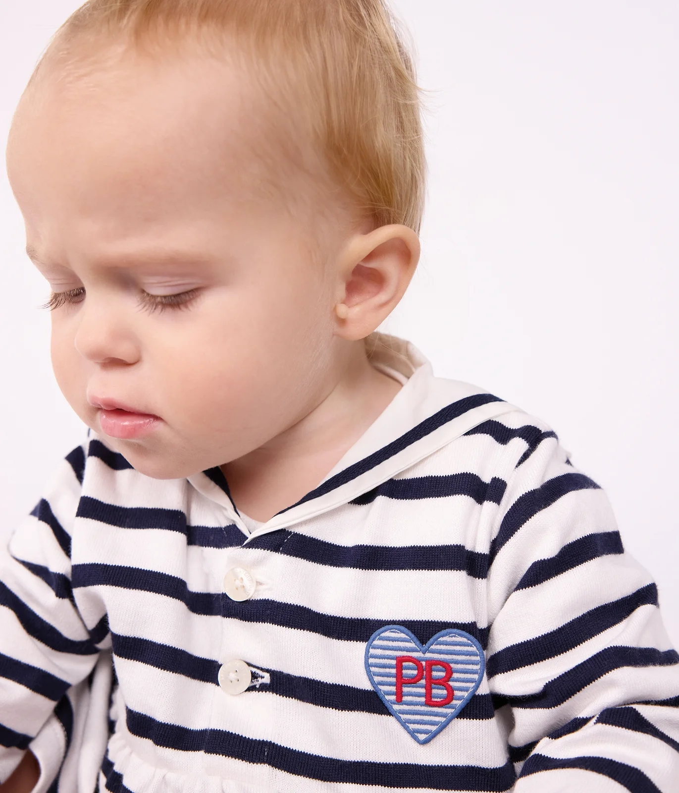 Babies' cotton dress with long sleeves and Breton stripes