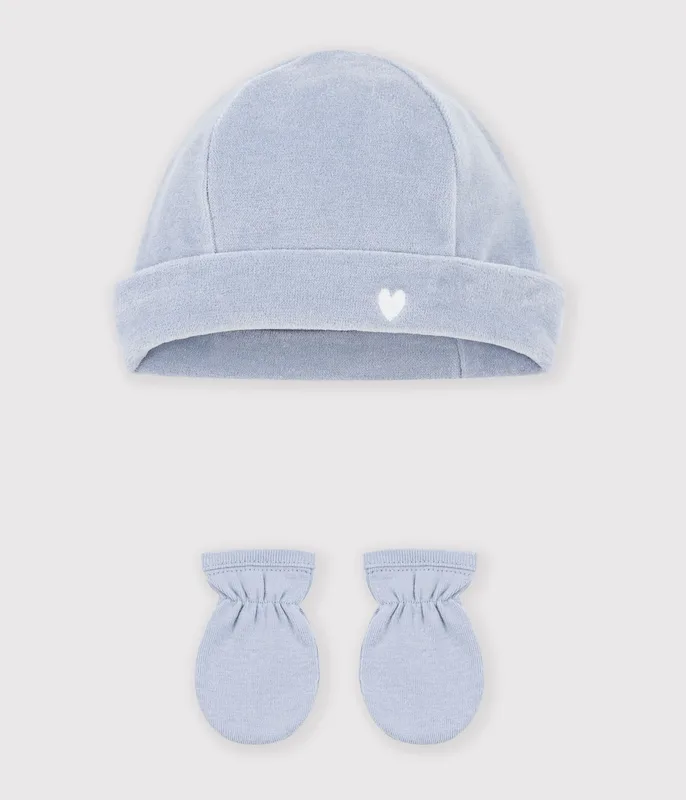 Babies' plain beanie and mittens set
