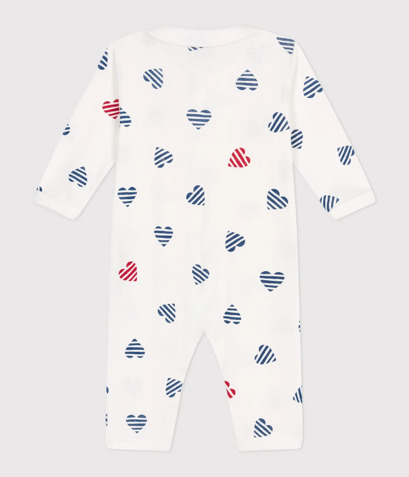 Babies' stripy footless cotton pyjamas with a heart-patterned collar