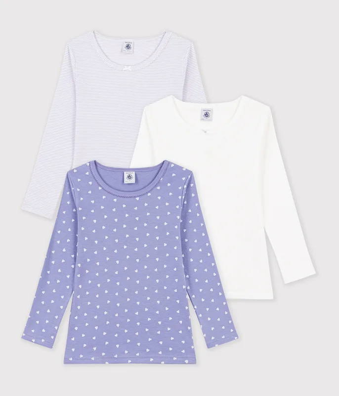 Pack of children's long-sleeved cotton T-shirts with hearts