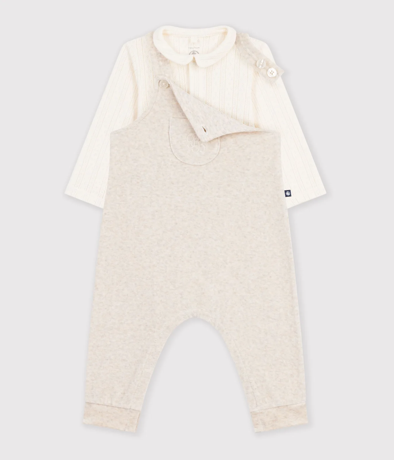 Babies' plain dungarees and body set in cotton with a collar