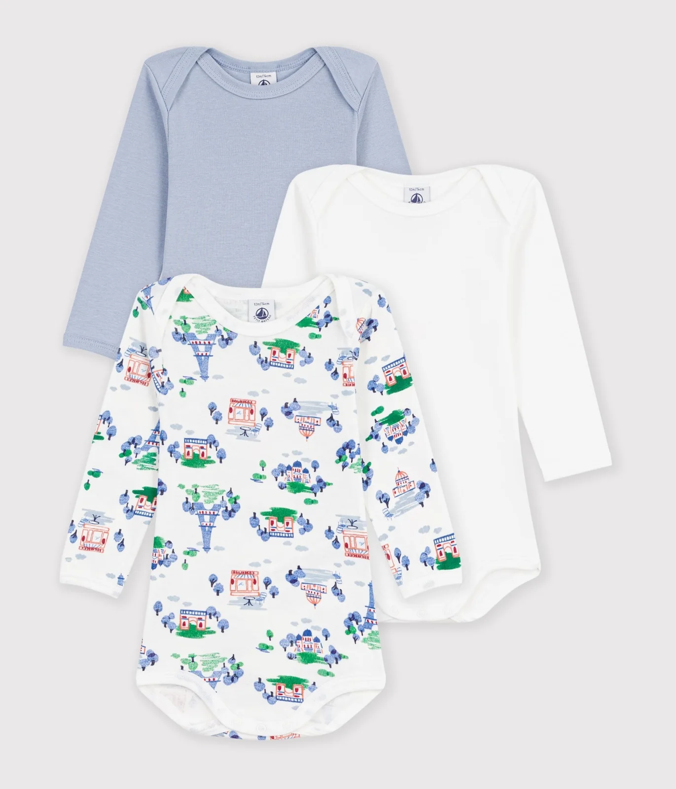 Pack of long-sleeved Paris print cotton bodies for babies