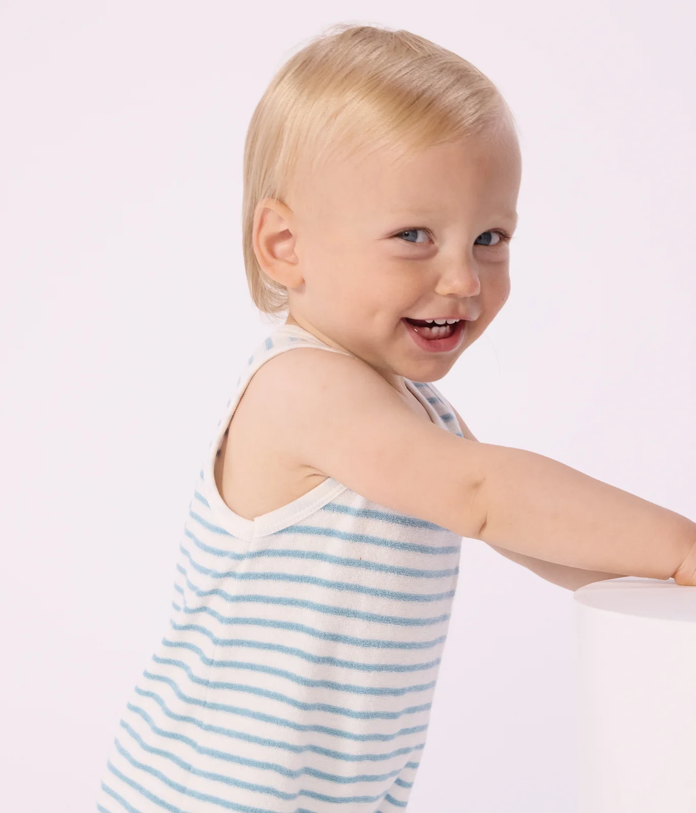 Babies' sleeveless short jumpsuit in stripy cotton terry towelling