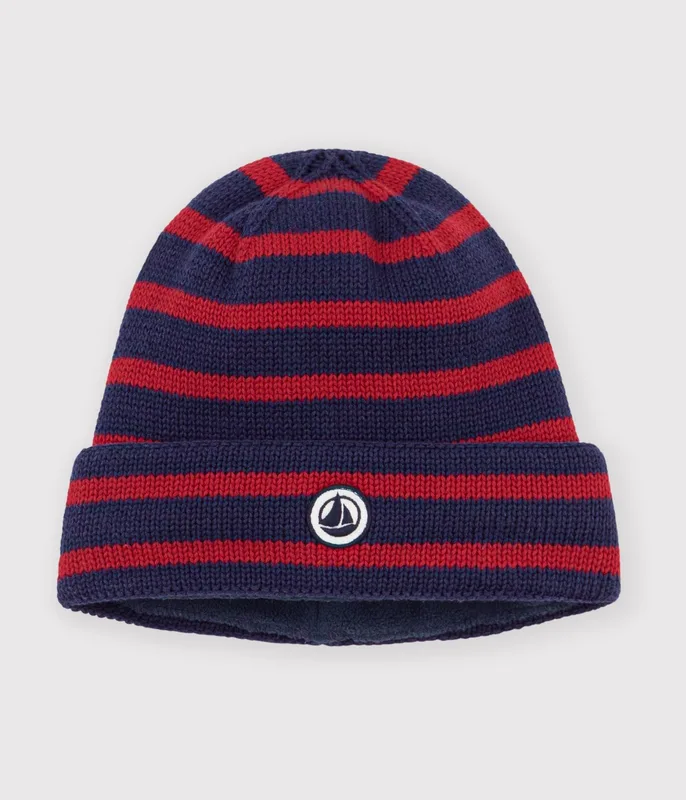 Children's stripy knitted beanie hat lined in polar fleece